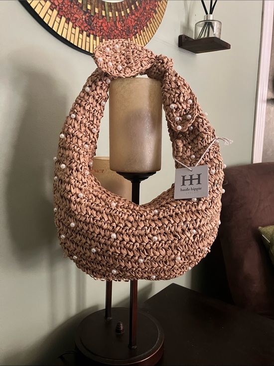 Haute Hippie Handbags - Haute Hippie Woven Straw Hobo Bag with Embellished Pearls - Tan